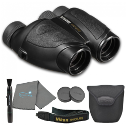 Binóculos 10x25 para Adultos com Caneta de Lente Nikon e Pano de Limpeza Lumintrail, Nikon Travelite, Preto