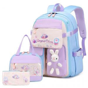 Mochila escolar infantil FIXITOK coelho kawaii 3 peças, com lancheira térmica e estojo, nylon impermeável, azul e roxa