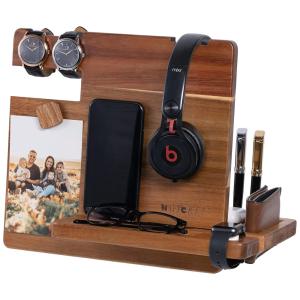 WUTCRFT Porta Chaves e Organizador Tudo em Um de Madeira com Suporte para Celular, Marrom