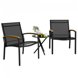 Conjunto de Bistro para Pátio Shintenchi 3 Peças Preto - Textilene Respirável, Estrutura Aço, Mesa e Cadeiras Modernas (Tamanho Pequeno