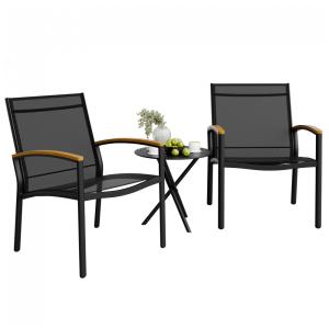 Conjunto de Bistro para Pátio Shintenchi 3 Peças Preto - Textilene Respirável, Estrutura Aço, Mesa e Cadeiras Modernas (Tamanho Pequeno