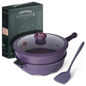 TIBORANG Panela Frigideira 5L Antiaderente 7 em 1 com 7 Camadas de Revestimento e Indicador de Calor, Roxa
