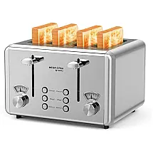 Whall Torradeira Elétrica 4 Fatias com 6 Níveis de Tostagem com Função Descongelar e Bandejas de Migalhas Removíveis, 110V, 1500W, Prata