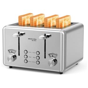 Whall Torradeira Elétrica 4 Fatias com 6 Níveis de Tostagem com Função Descongelar e Bandejas de Migalhas Removíveis, 110V, 1500W, Prata