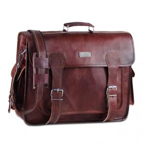 Bolsa Maleta Vintage de Couro Masculina para Laptop, HANDMADE WORLD, Marrom