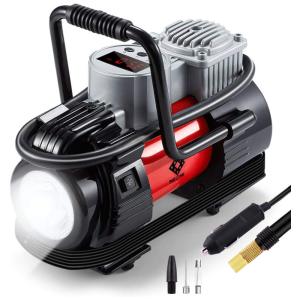 Compressor de Ar Elétrico Mini Portátil, 12V DC, 180W, 120 PSI, com LED de emergência, NOONE 13, Preto