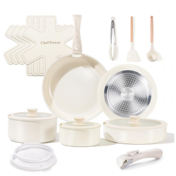 Jogo de Panelas e Frigideiras, Material em Cerâmica com 19 Peças, Utensílios de Cozinha, Cabo Removível, PFAS, PFOA e PTFE grátis