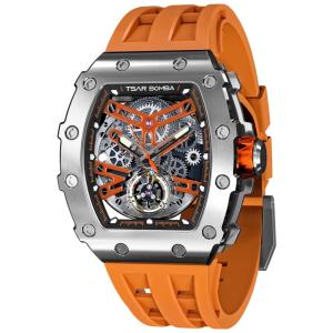 Relógio Masculino Automático Mecânico a Prova dÁgua 50M com Pulseira de Silicone, TSAR BOMBA TB 8208SGLZ, Laranja