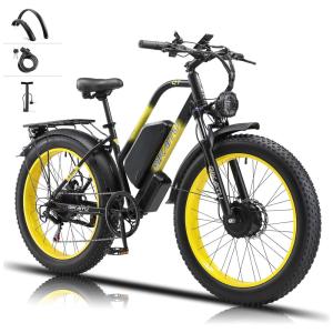 E-bike QIKAITU Q7 com Motor Duplo 2000W, Bateria 48V 23Ah UL2849, Suspensão Hidráulica e Autonomia de 96 km, Preta e Amarela