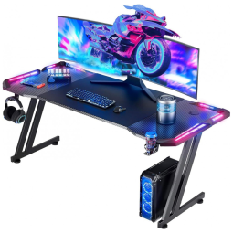 Mesa Gamer Ergonômica 63" 160 cm com Superficie de Fibra de Carbono, Gancho para Fone de Ouvido, Luz LED e Porta-Copos, 110V