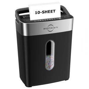 Fragmentadora de Papel Bonsen 10 Folhas Cortes Cruzados para Casa e Escritório, Nível de Segurança P4, Alça Portátil, Cesto de 15 Litros