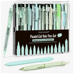 Canetas em gel Four Candies verdes com tinta preta e verde e 2 marcadores pastel, ponta fina 0,5 mm retrátil, kit 14 peças para estudo