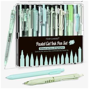 Canetas em gel Four Candies verdes com tinta preta e verde e 2 marcadores pastel, ponta fina 0,5 mm retrátil, kit 14 peças para estudo