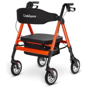 Andador Adulto Idoso com Apoio de Braço, Assento Acolchoado e Cesto, Suporta até 204 kg, OASISSPACE, Laranja