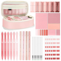 Kit escolar estético Janlaugh 38 peças com estojo, canetas, marcadores, fitas corretivas, notas adesivas e marcadores de página
