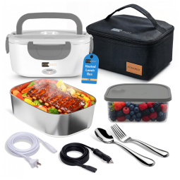 FORABEST Marmita Elétrica 2 em 1 Portátil 1.5L com Divisórias, 24, 12V, 110V 50W, Branca