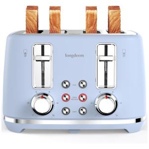 Torradeira Elétrica Retro 4 Fatias com 6 Níveis de Tostagem, 110V 1500W, LONGDEEM, Azul