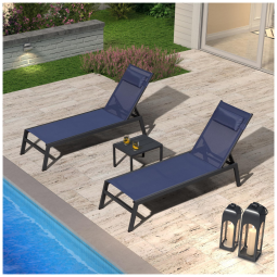 Espreguiçadeiras para Jardim em Alumínio com Mesa Lateral e Almofada, Reclináveis para Piscina e Praia, PURPLE LEAF,Azul Marinho