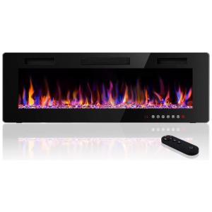 Lareira Elétrica de Embutir A46x127L com Controle Remoto, Chamas Multicoloridas e Tela Sensível ao Toque, 110V 1500W, Waleaf, Preta