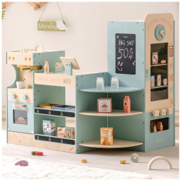 Mini Mercado Educativo de Madeira ROBUD com Caixa Registradora, Cafeteira, Máquina de Lanches e Forno - Presente Perfeito para Crianças de 3