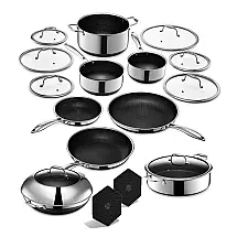 Jogo de Panelas HexClad Híbrido 18 Peças Aço Inox + Cerâmica Preto Pode ir ao Forno