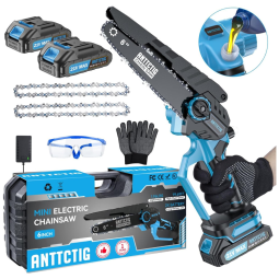 Mini Motosserra Elétrica Portátil para Poda de Galhos com 2 Baterias de 21V e 2 Correntes, Anttctig, Azul