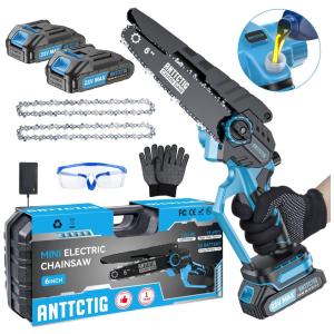 Mini Motosserra Elétrica Portátil para Poda de Galhos com 2 Baterias de 21V e 2 Correntes, Anttctig, Azul