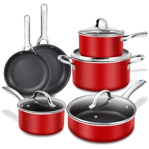 Nonstick Conjunto de Panelas e Frigideiras Antiaderentes, 10 Peças, NA Cookware Set Red, Vermelho