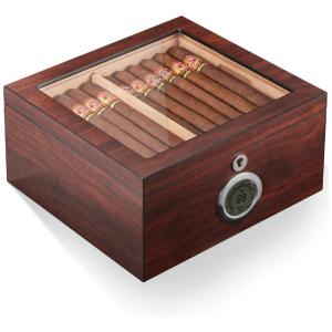 Umidor de Cedro para 60 Charutos, Flauno com Trava, Umidificação Fácil, Higrômetro Digital, 2 Umidificadores