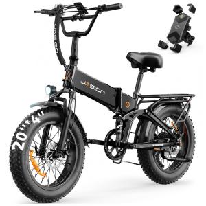 Bicicleta elétrica dobrável Jasion X-Hunter preta obsidiana, 20x4, 1400W pico, bateria 48V 13Ah, 7 marchas, suspensão dupla, 110V