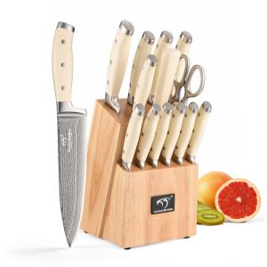 Conjunto de Facas com Bloco de Bancada com Afiador Embutido, 14 Peças, NANFANG BROTHERS, Creme