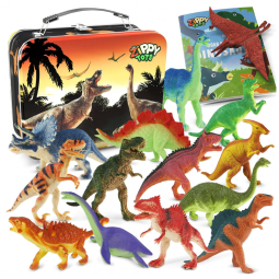 Conjunto de 14 Figuras de Dinossauros de Plástico Realistas da Zippytots com Caixa de Armazenamento e Livro Educacional