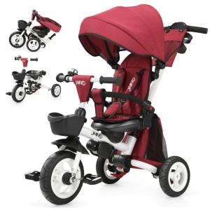 Triciclo Infantil Dobrável 7 em 1 com Alça Ajustável, Arnês de Segurança, Freios de Roda, Capota Removível e Armazenamento, JMMD, Vermelho