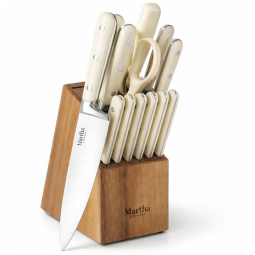 Conjunto de Facas em Aço Inoxidável com Bloco de Bancada em Madeira de Acácia, 14 Peças, MARTHA STEWART, Branco