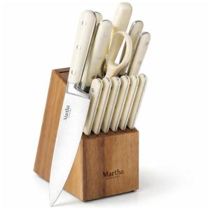 Conjunto de Facas em Aço Inoxidável com Bloco de Bancada em Madeira de Acácia, 14 Peças, MARTHA STEWART, Branco