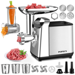 Moedor de Carne Elétrico 4 em 1 Profissional, 5 Lâminas para Moagem, Aço Inoxidável, 2000W, 110v, POPSUN, Prateado