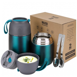 Kit com 2 asco Térmico 500mL, 700mL em Aço Inoxidável com Colher, MAXSO fr mGarlic 24h 1726, Verde