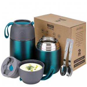 Kit com 2 asco Térmico 500mL, 700mL em Aço Inoxidável com Colher, MAXSO fr mGarlic 24h 1726, Verde