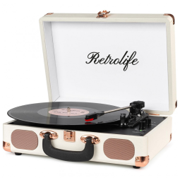 Toca-discos portátil Retrolife Vinyl Record Player 3 Velocidades em Maleta - Branco Vintage