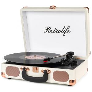 Toca-discos portátil Retrolife Vinyl Record Player 3 Velocidades em Maleta - Branco Vintage