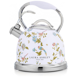 Chaleira para fogão Laura Ashley inox branca com estampa floral Elveden, 2,5 L, com apito compatível com indução