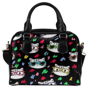 InterestPrint Bolsa Feminina de Ombro e Mão Estampada de Gatinhos Estilosos, Preta