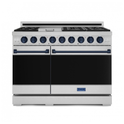 Fogão a gás profissional 122 cm Gordon Ramsay THOR Kitchen inox/azul marinho, 7 queimadores, chapa 15.000 BTU, 2 fornos com convecção 198 L