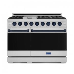 Fogão a gás profissional 122 cm Gordon Ramsay THOR Kitchen inox/azul marinho, 7 queimadores, chapa 15.000 BTU, 2 fornos com convecção 198 L