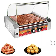 Máquina de Cachorro-Quente Comercial 1670W, 11 Rolos, 30 Rolos de Cachorro-Quente, Aço Inoxidável com Tampa Anti Poeira, FIZIX