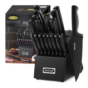 MC69C Conjunto de Facas em Aço Inoxidável com Afiador Embutido e Bloco de Bancada 20 Peças, MCCOOK, Preto