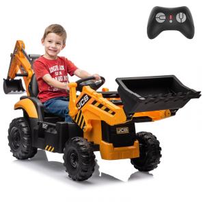 Carrinho Elétrico Infantil 3 em 1 24V JCB Excavator, Trator, Bulldozer, Controle Remoto, Multifuncional, Bluetooth, Amarelo