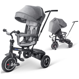 Triciclo Infantil com Arnês de Segurança de 5 Pontos, Capota Ajustável, Roda Grande e Alça de Empurrar, Duomspiace, Cinza