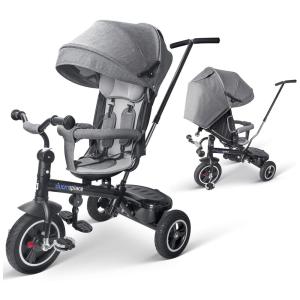 Triciclo Infantil com Arnês de Segurança de 5 Pontos, Capota Ajustável, Roda Grande e Alça de Empurrar, Duomspiace, Cinza