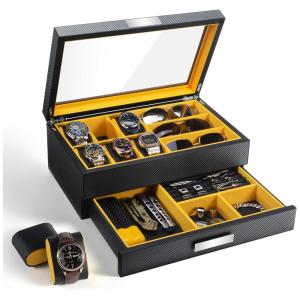Caixa, Estojo de Madeira e Gaveta de Manobrista para Relógios com 6 Compartimentos, SUNIX, Preto e Amarelo
